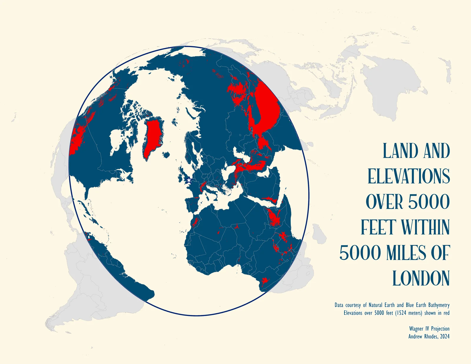 London-centered world map highlighting land above 5,000 feet within 5,000 miles of London.