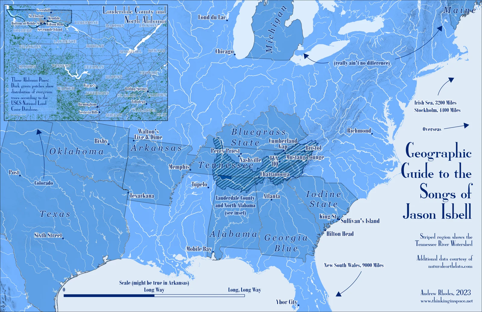 Blue relief map of the southeastern United States marking places mentioned in Jason Isbell songs.