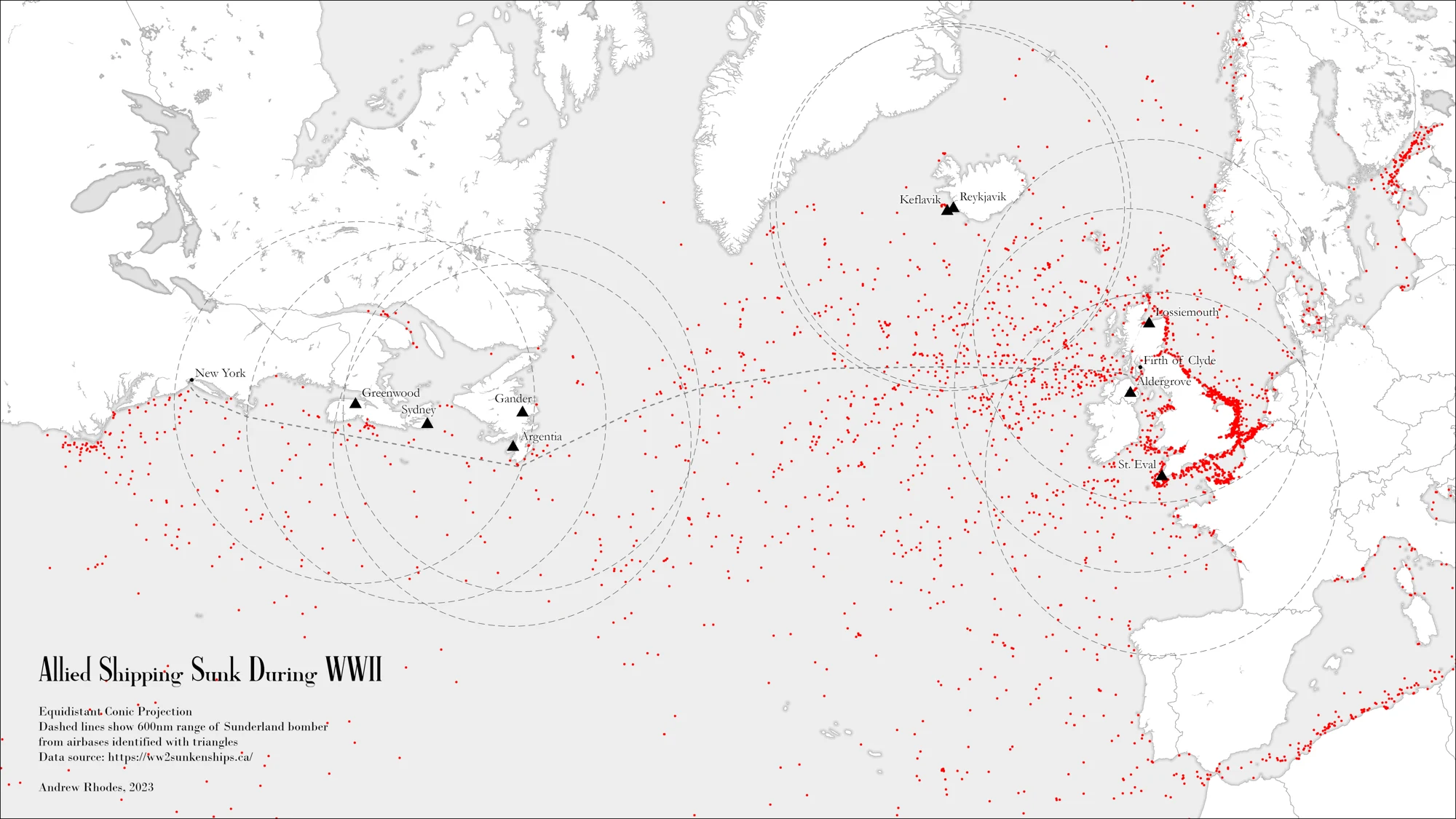 North Atlantic map showing Allied shipping losses during World War II and circular aircraft coverage areas around the ocean.