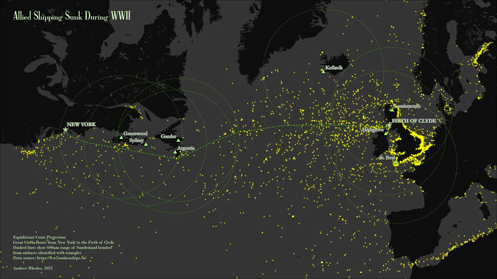North Atlantic map marking Allied shipping losses during World War II with yellow points.
