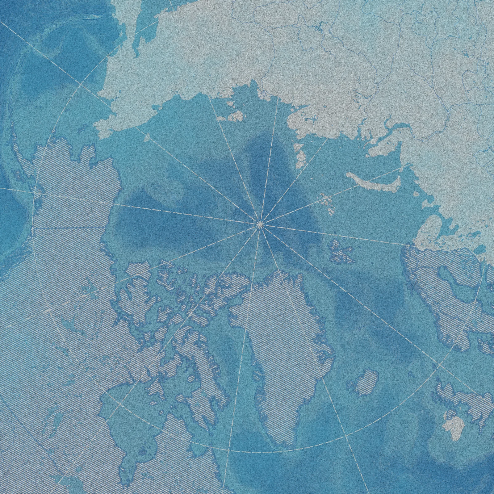 Blue polar map of the Arctic showing seabed relief, landforms, and national borders.