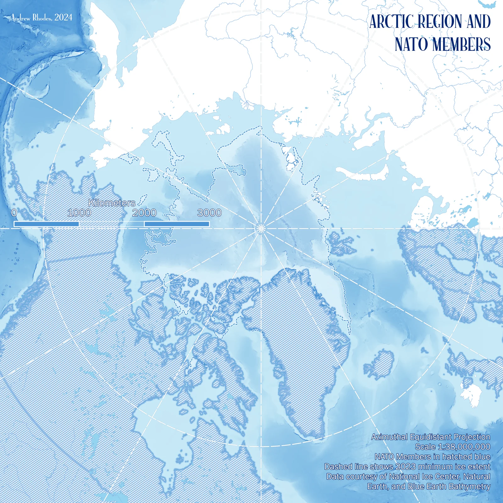 Arctic-centered map highlighting NATO member countries in dark blue.