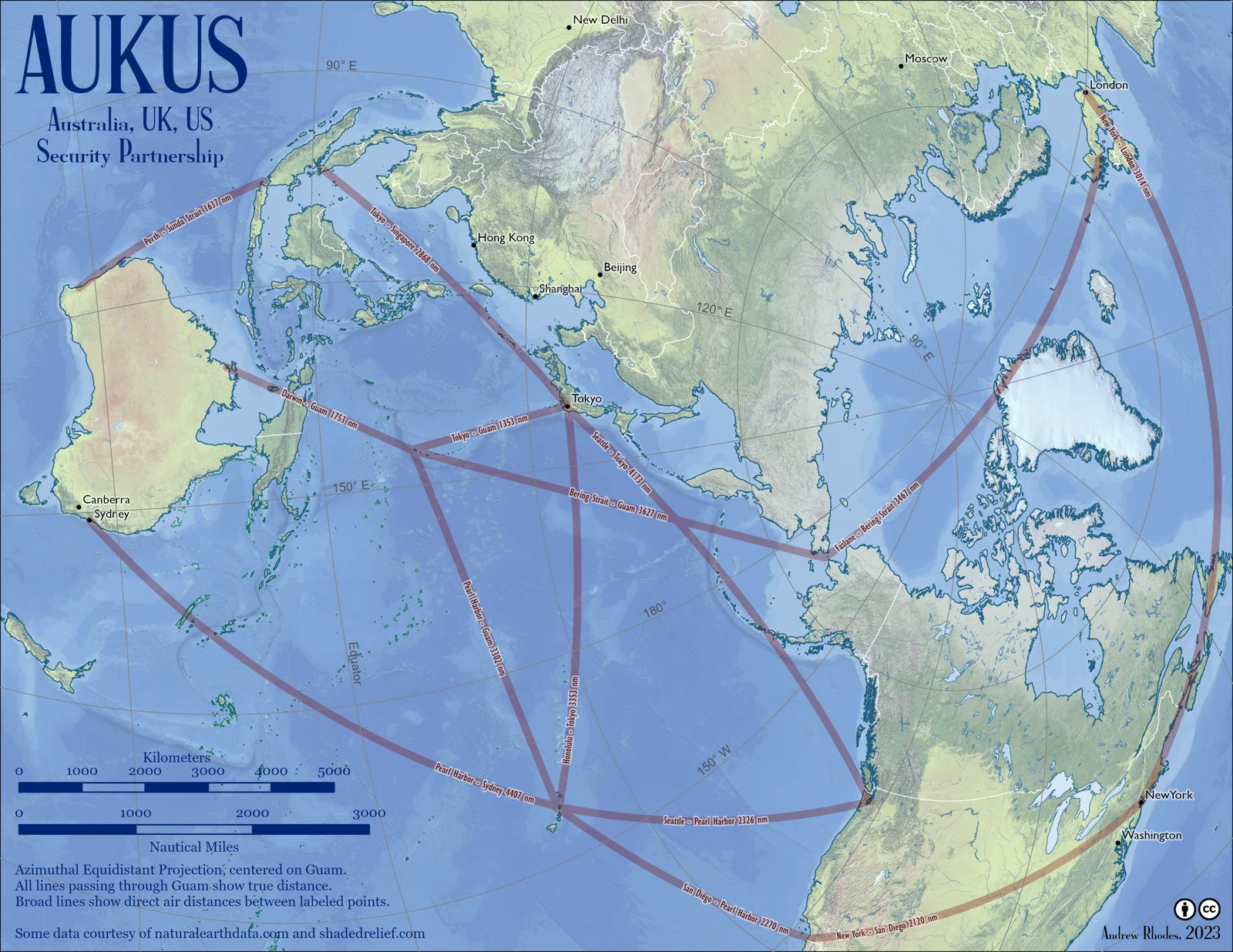 Pacific-centered AUKUS map showing Australia, the United Kingdom, and United States, with routes, distances, and seabed relief.