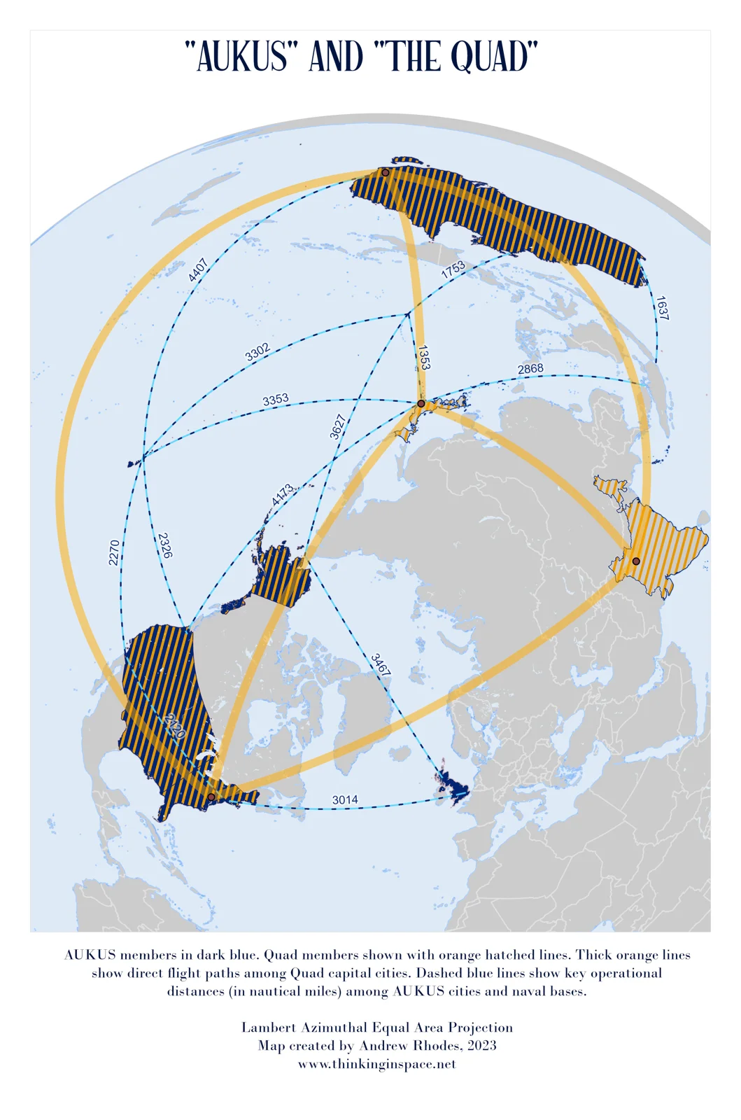 World map highlighting AUKUS and Quad countries and connections across the Indo-Pacific.