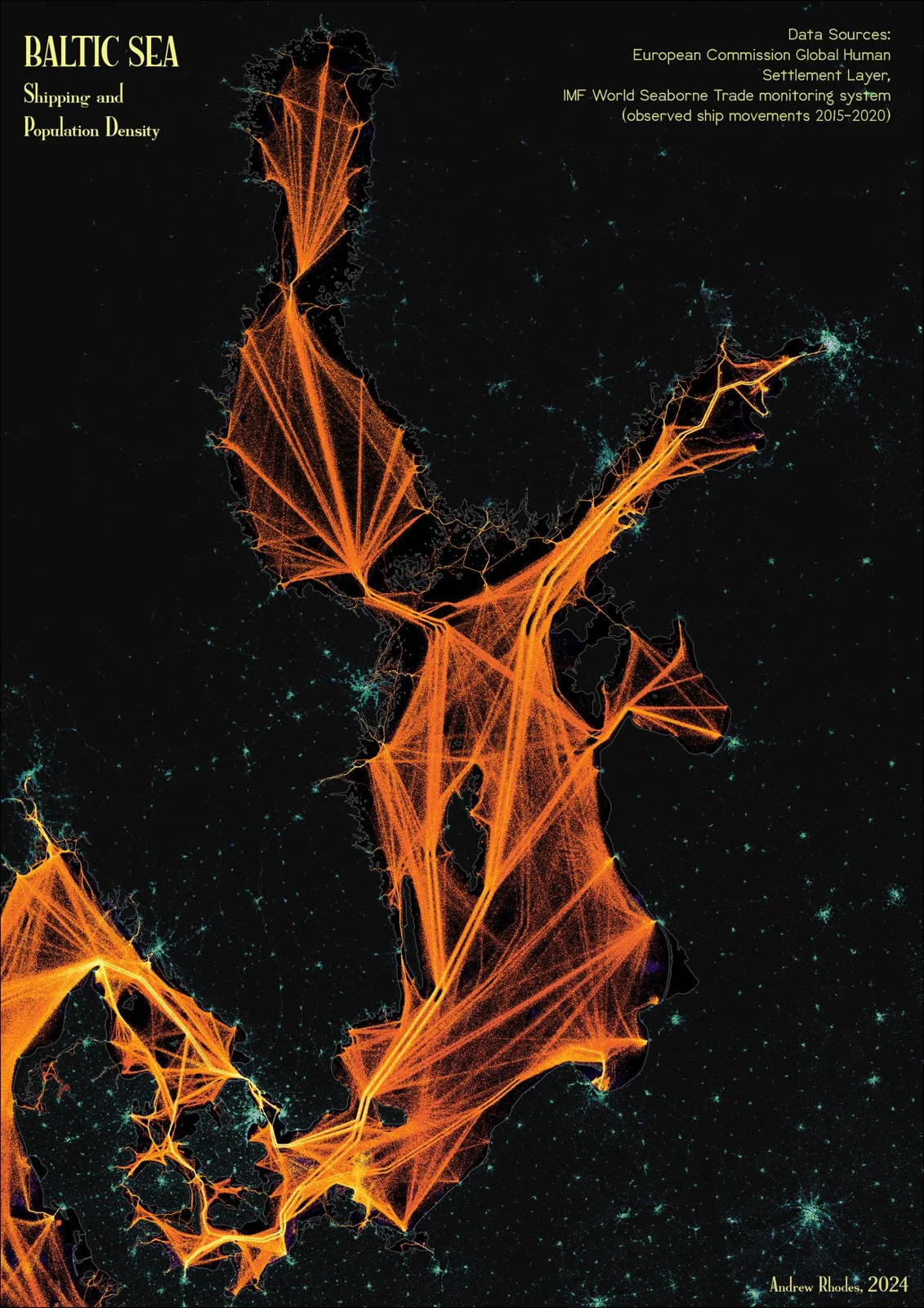 Dark Baltic Sea map showing bright shipping routes and population concentrations.