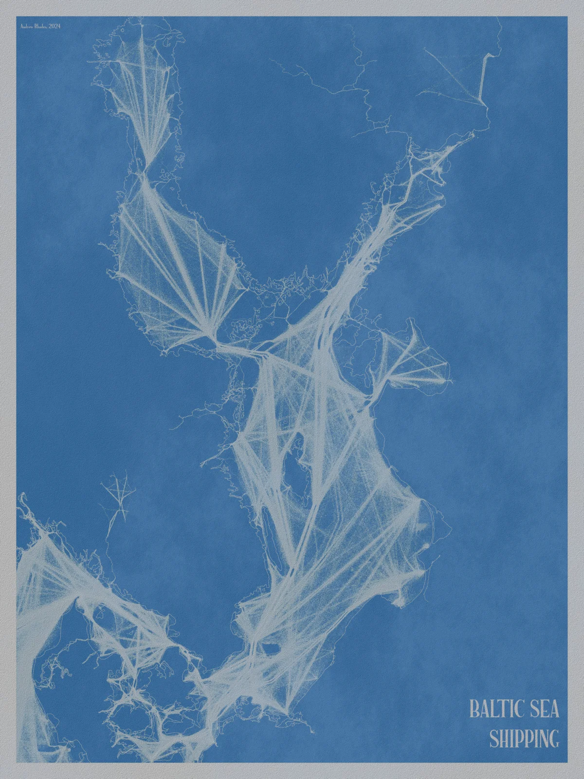Cyanotype Baltic Sea map with shipping routes drawn in white.