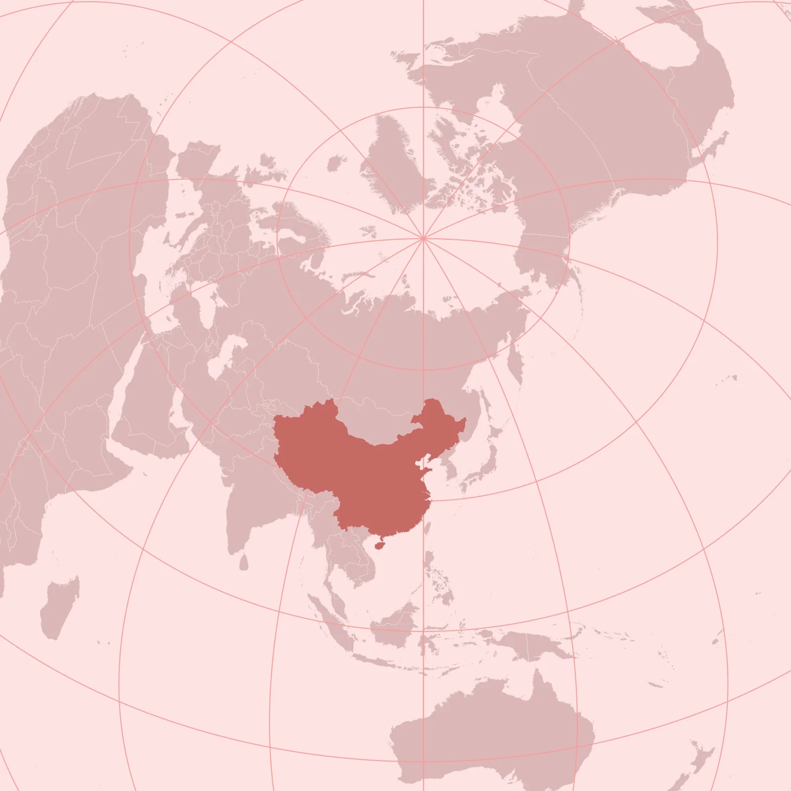 Pink Beijing-centered world map highlighting China.