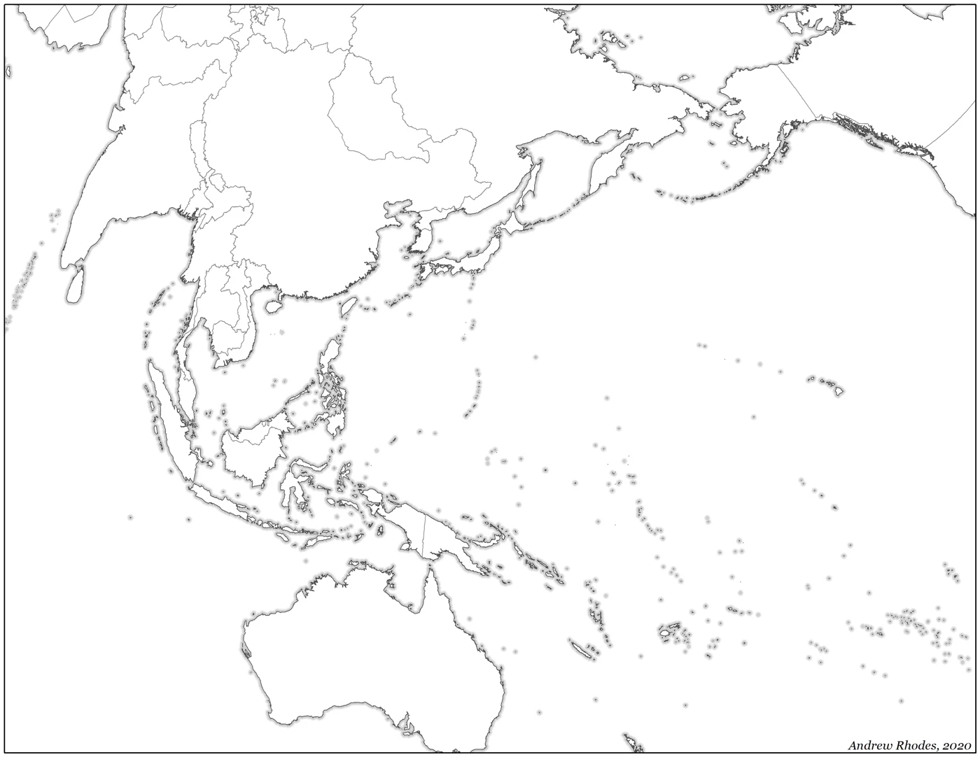 Blank Pacific-centered coastline map without labels or scale.