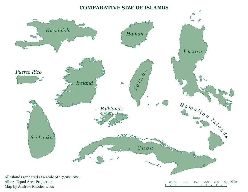 Comparative Size of Islands. Composite Map by Andrew Rhodes 2021