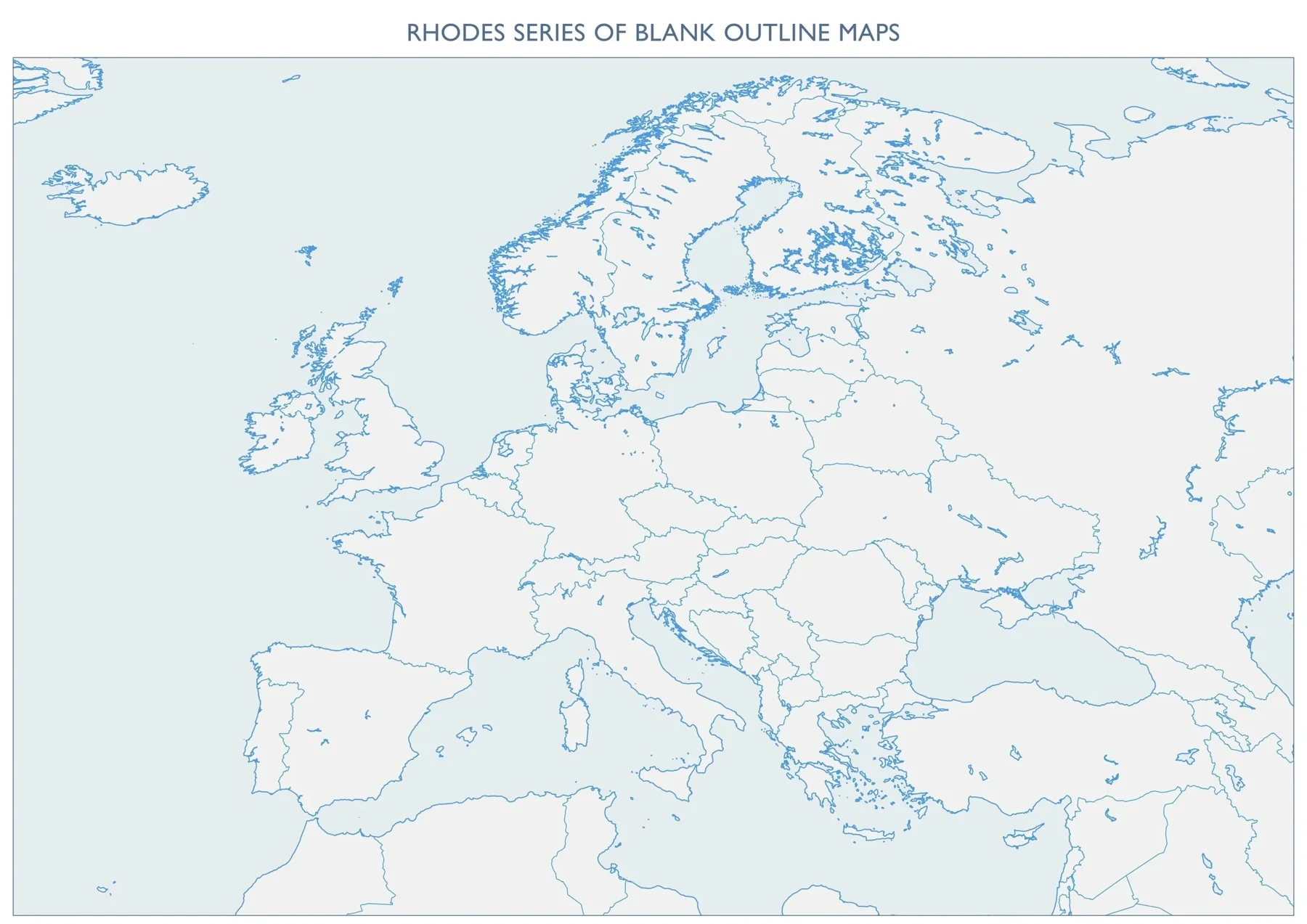 Blank map of Europe, including Iceland, Turkey, and the Mediterranean, with outlines in pale blue, intended for annotation.