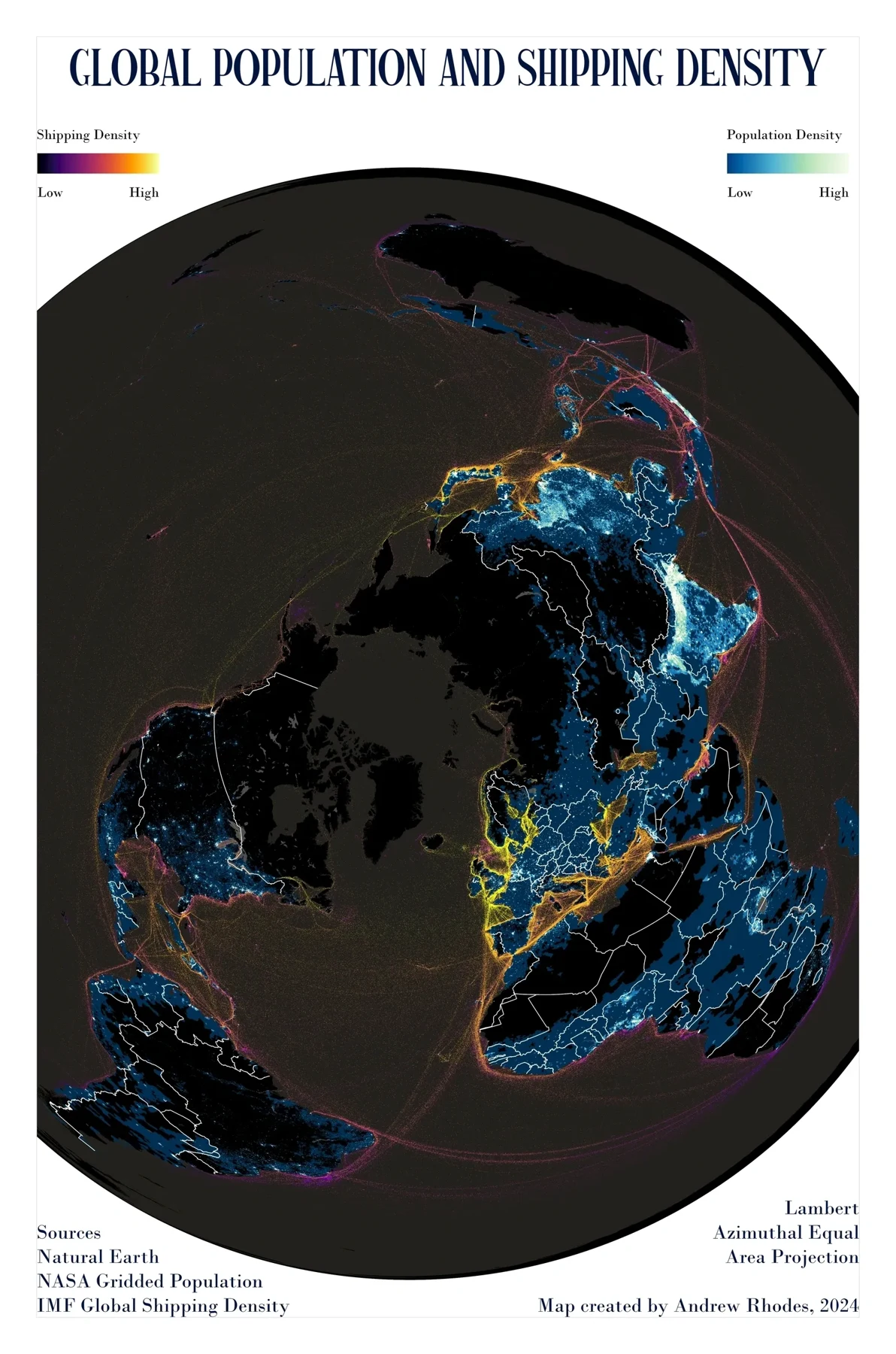 Map of population denisty and global shipping density