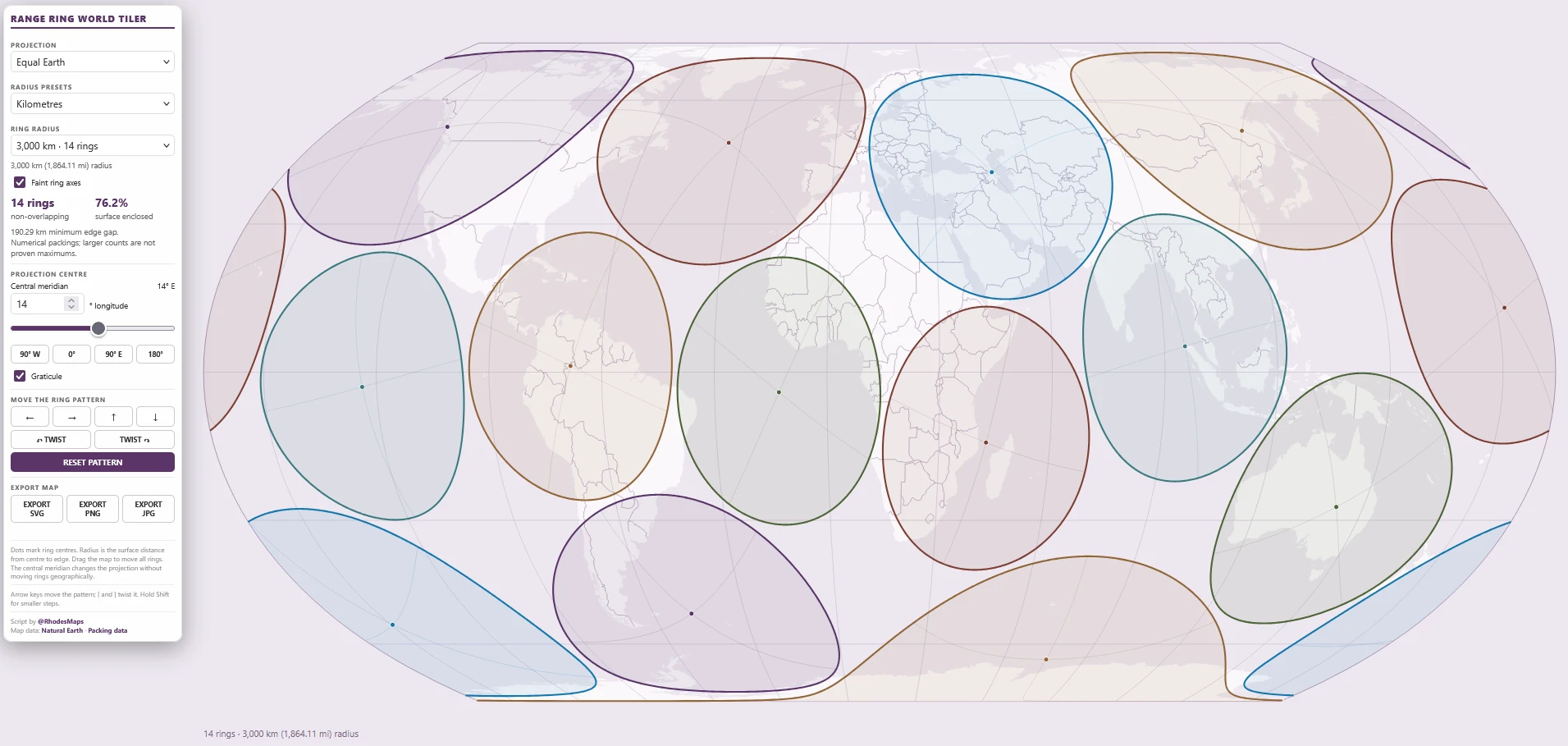World Tiled in 3000km range rings