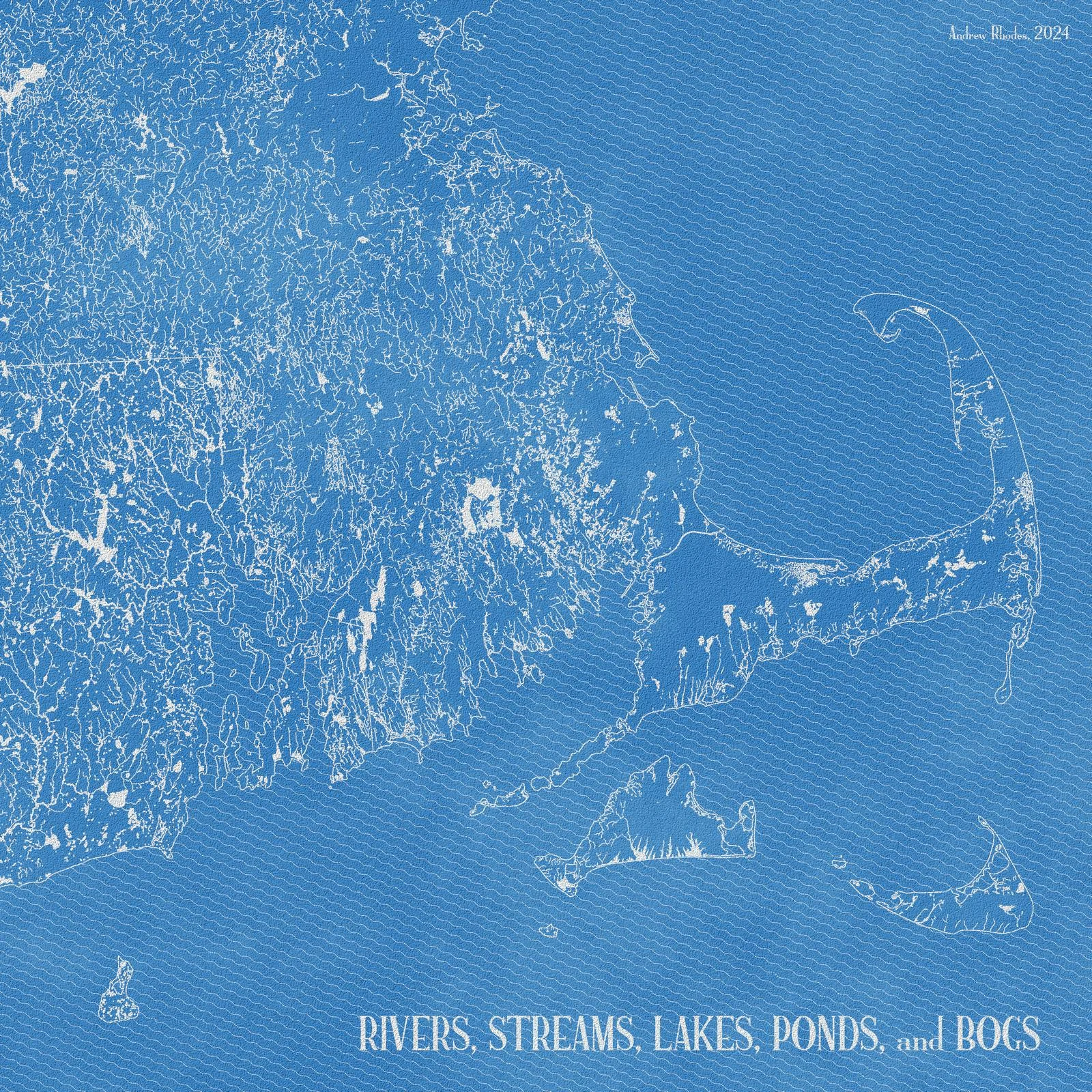Cyanotype map of rivers, lakes, and coastal waterways around Cape Cod and Rhode Island.