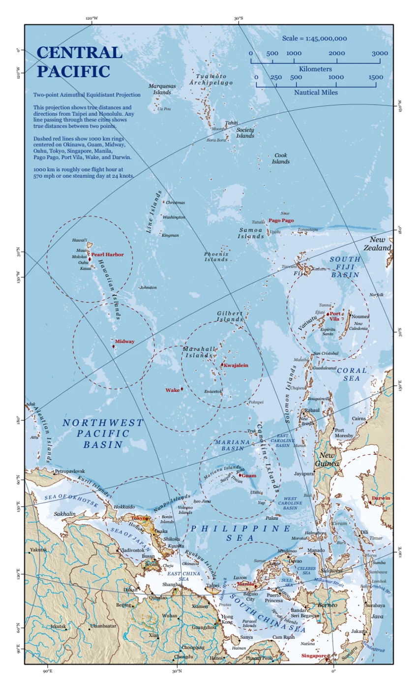 Central Pacific map comparing the geography between Hawaii and Taipei.