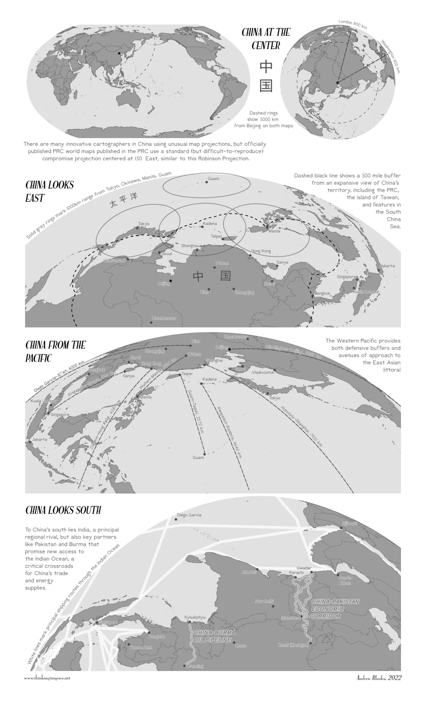 Four globe views comparing geographic perspectives from Beijing.