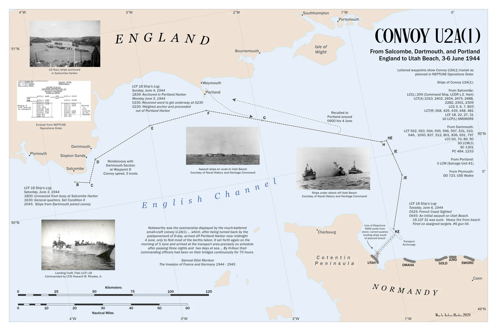 Annotated map tracing Convoy U2A between southern England and Normandy, with historical photographs.