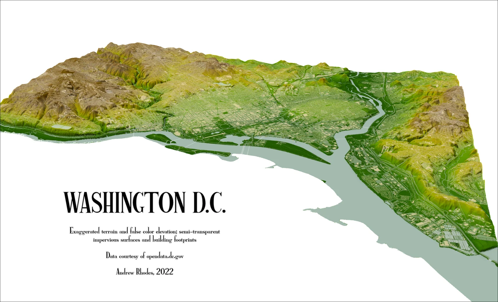 Three-dimensional Washington, DC map with exaggerated terrain relief.