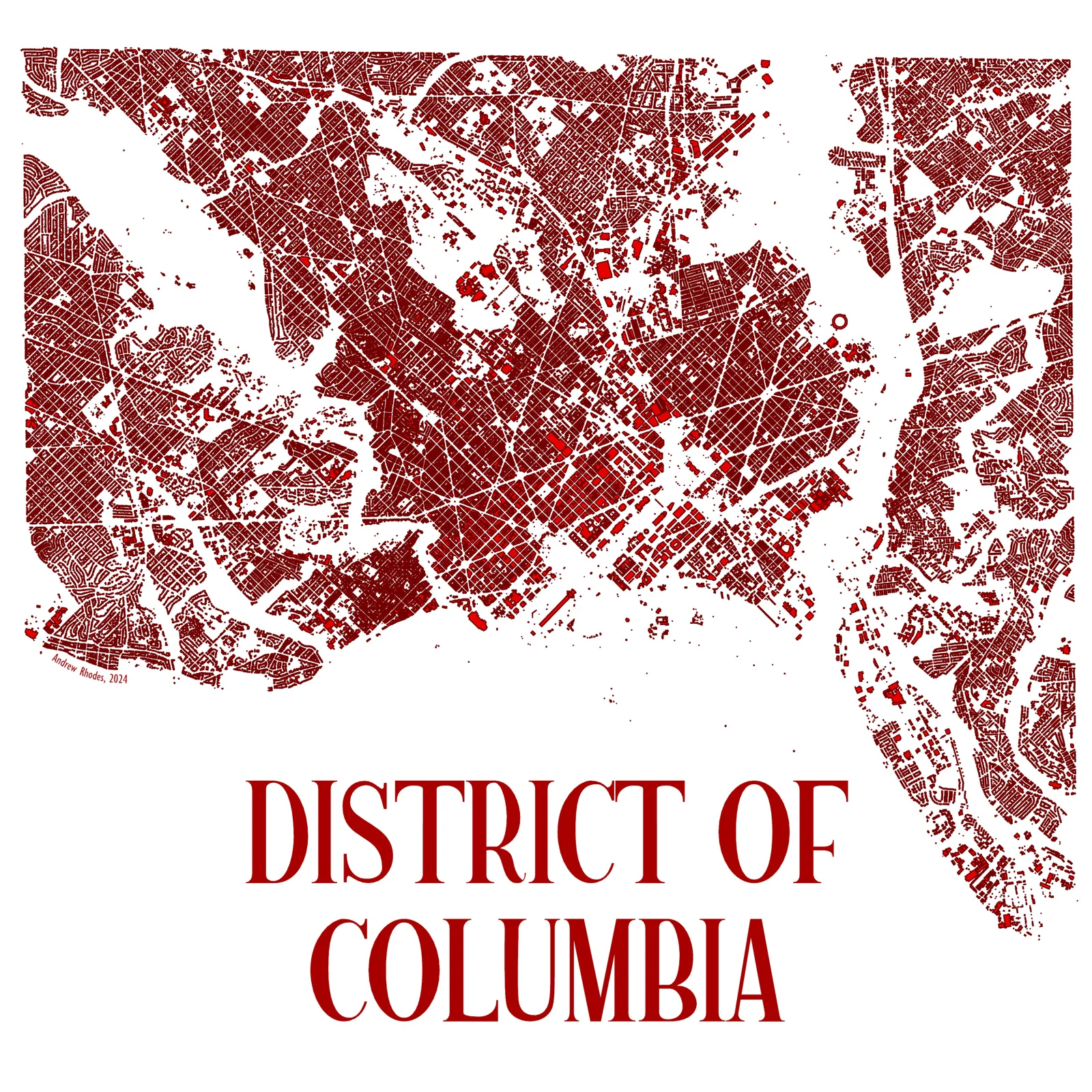 Washington, DC street network in red with waterways in white.