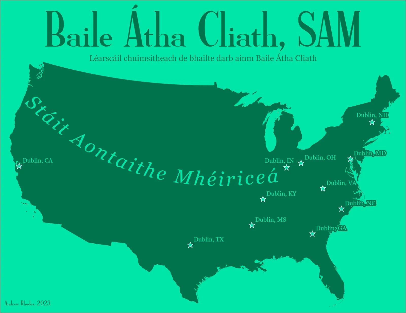 Green United States map marking towns named Dublin with stars.