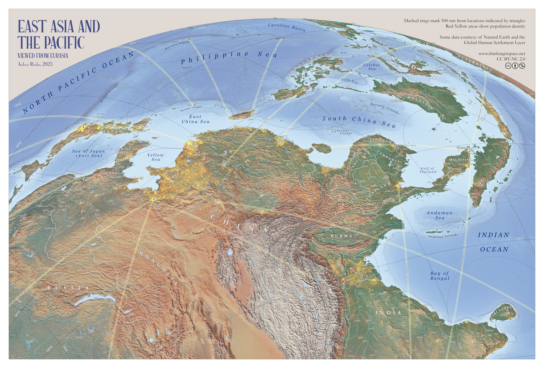 Oblique relief map of East Asia and the western Pacific showing landforms and seabed geography.