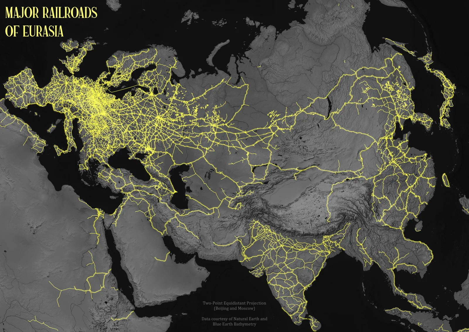 Railway networks across Eurasia drawn in yellow on a dark background.