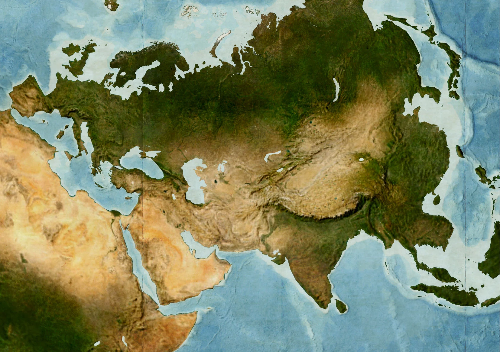 Relief map of Eurasia showing mountain ranges, deserts, lowlands, and surrounding seas in natural colors.