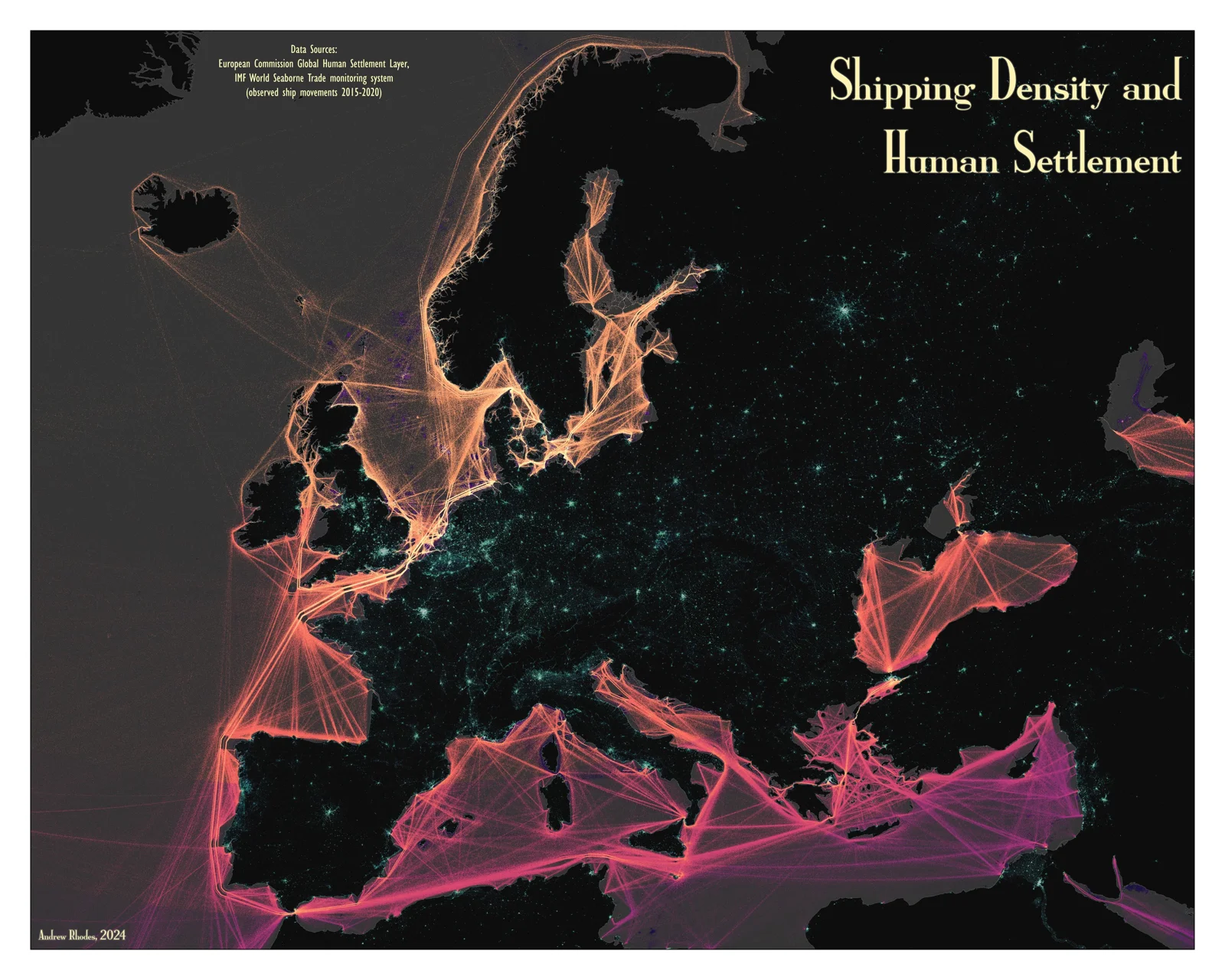 Dark map of Europe and adjacent seas showing shipping routes and population concentrations.