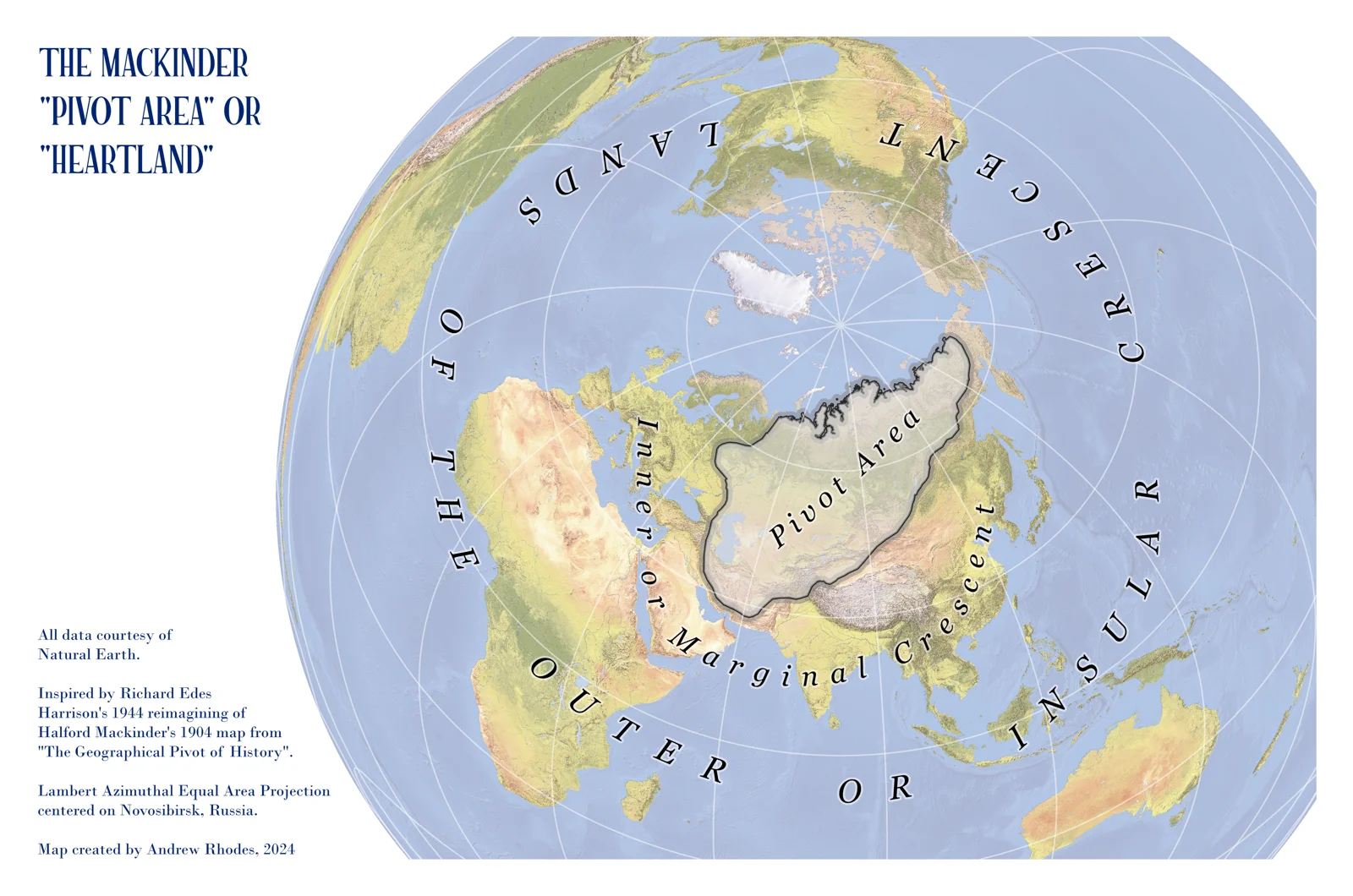 Polar world map illustrating Mackinder's Heartland concept with labeled geopolitical regions.