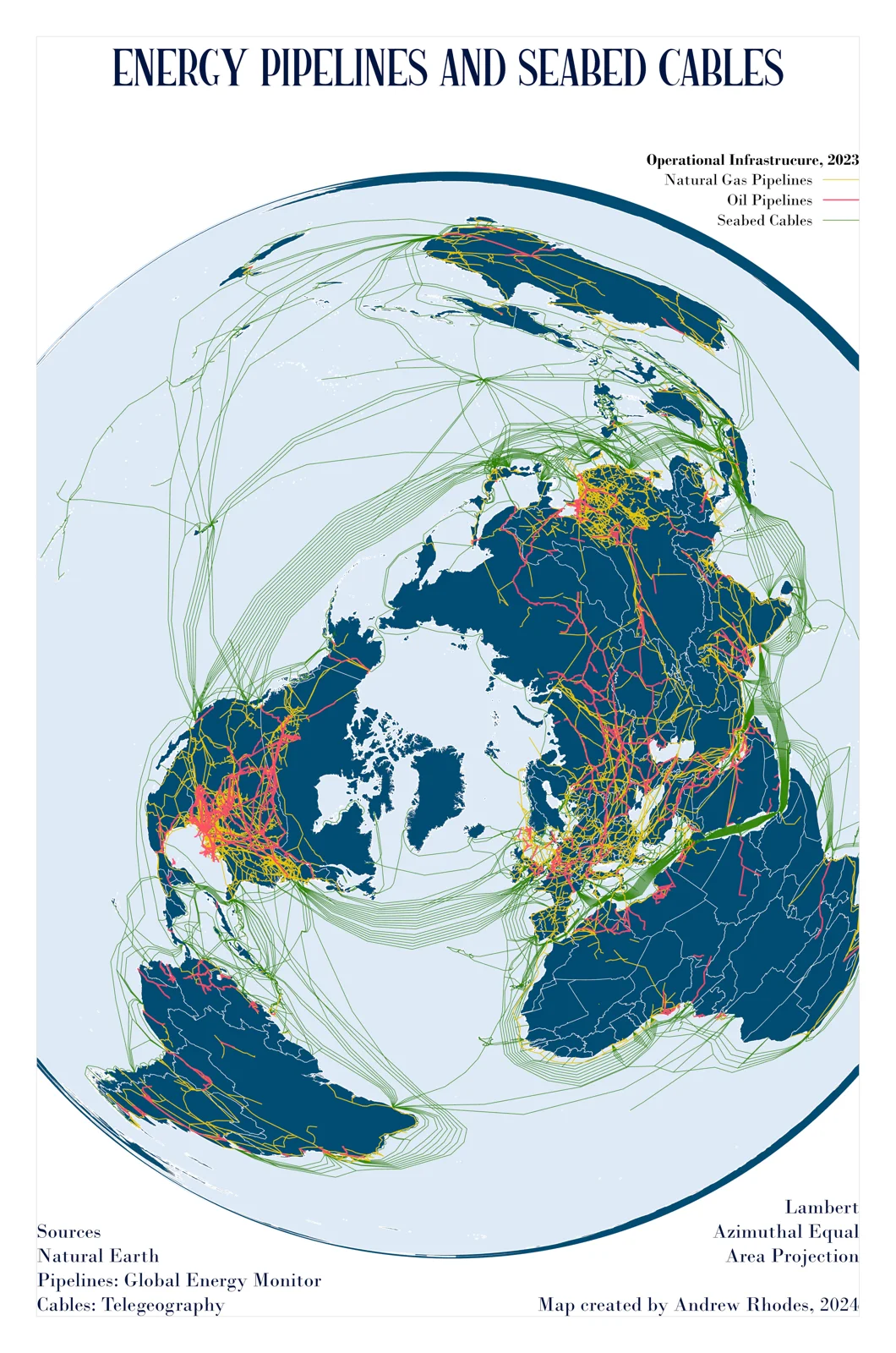World map showing energy pipelines and undersea cable networks.