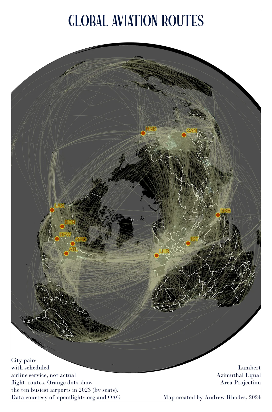 Dark globe showing international aviation routes in yellow.