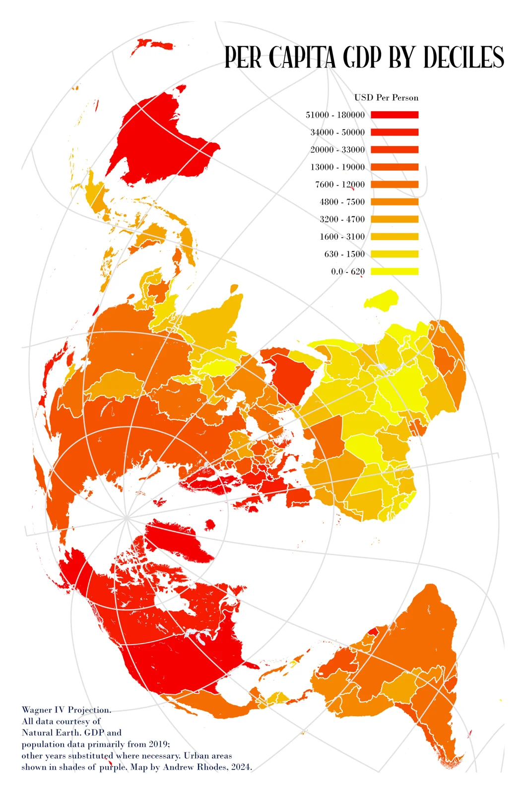 Polar-centered world map shading countries from yellow to red by GDP decile.