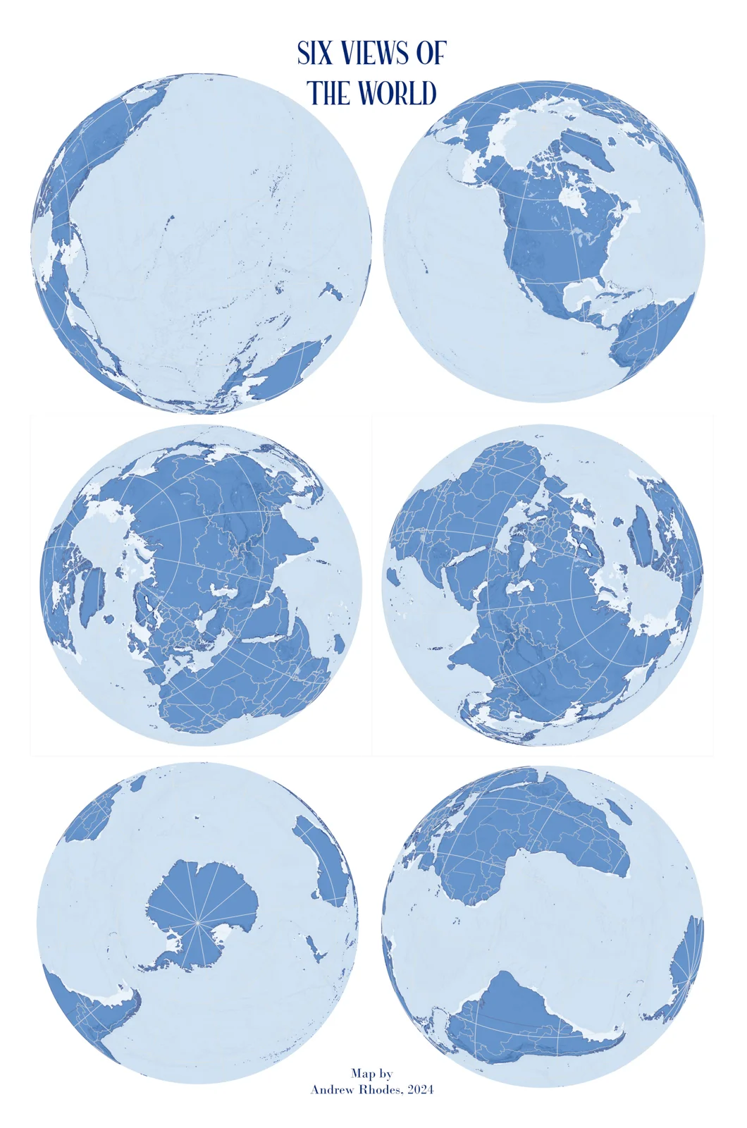 Six globe views comparing different orientations of the world's continents and oceans.