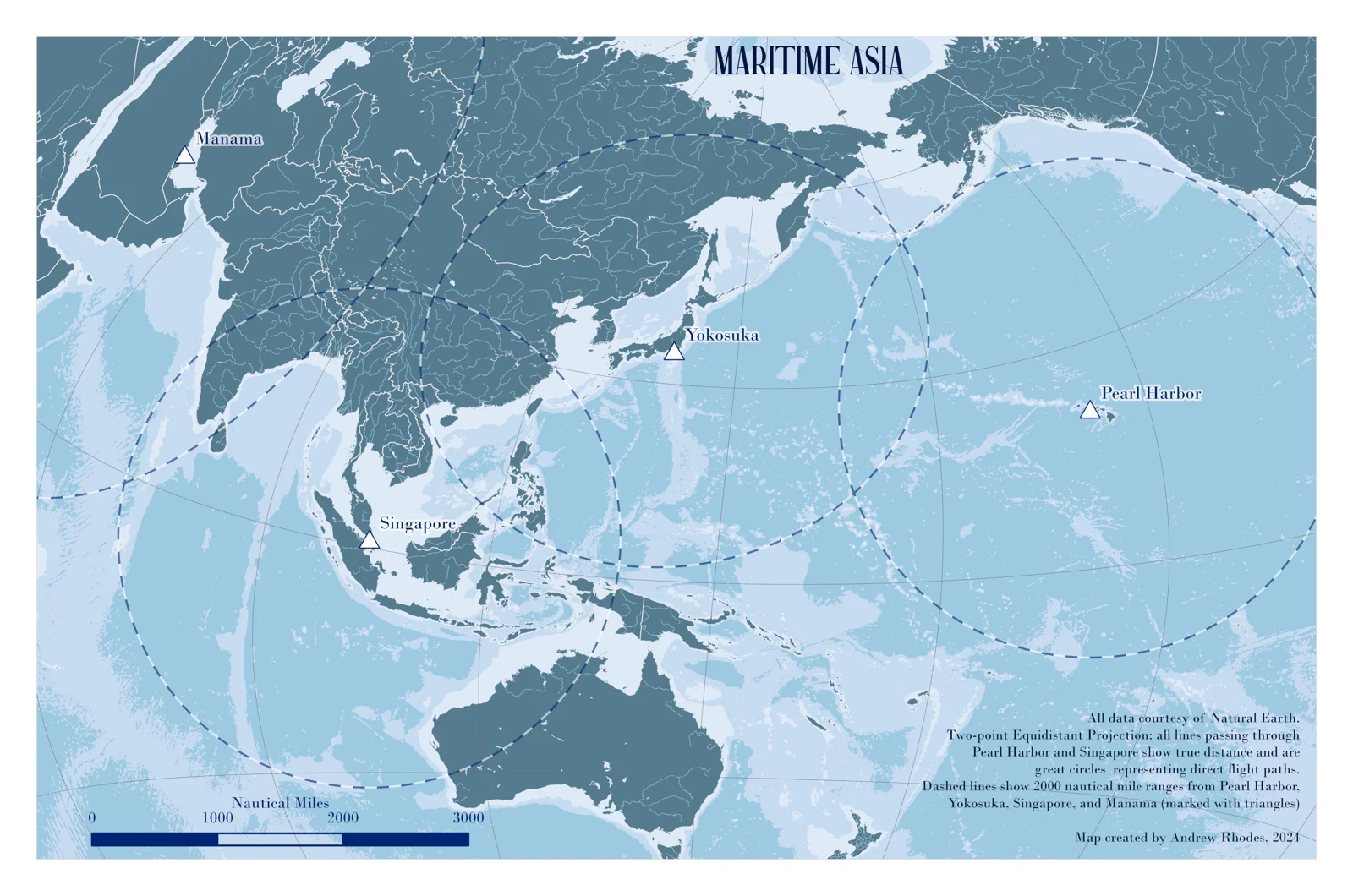 Maritime East Asia map showing national outlines, ocean geography, and distance lines.