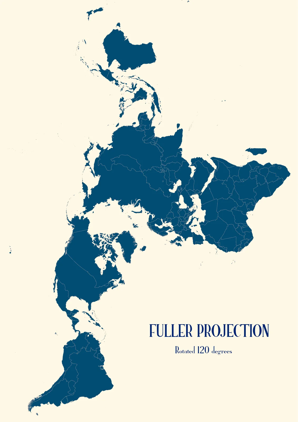 Interrupted world map with unfolded continental shapes in dark blue on a pale background.