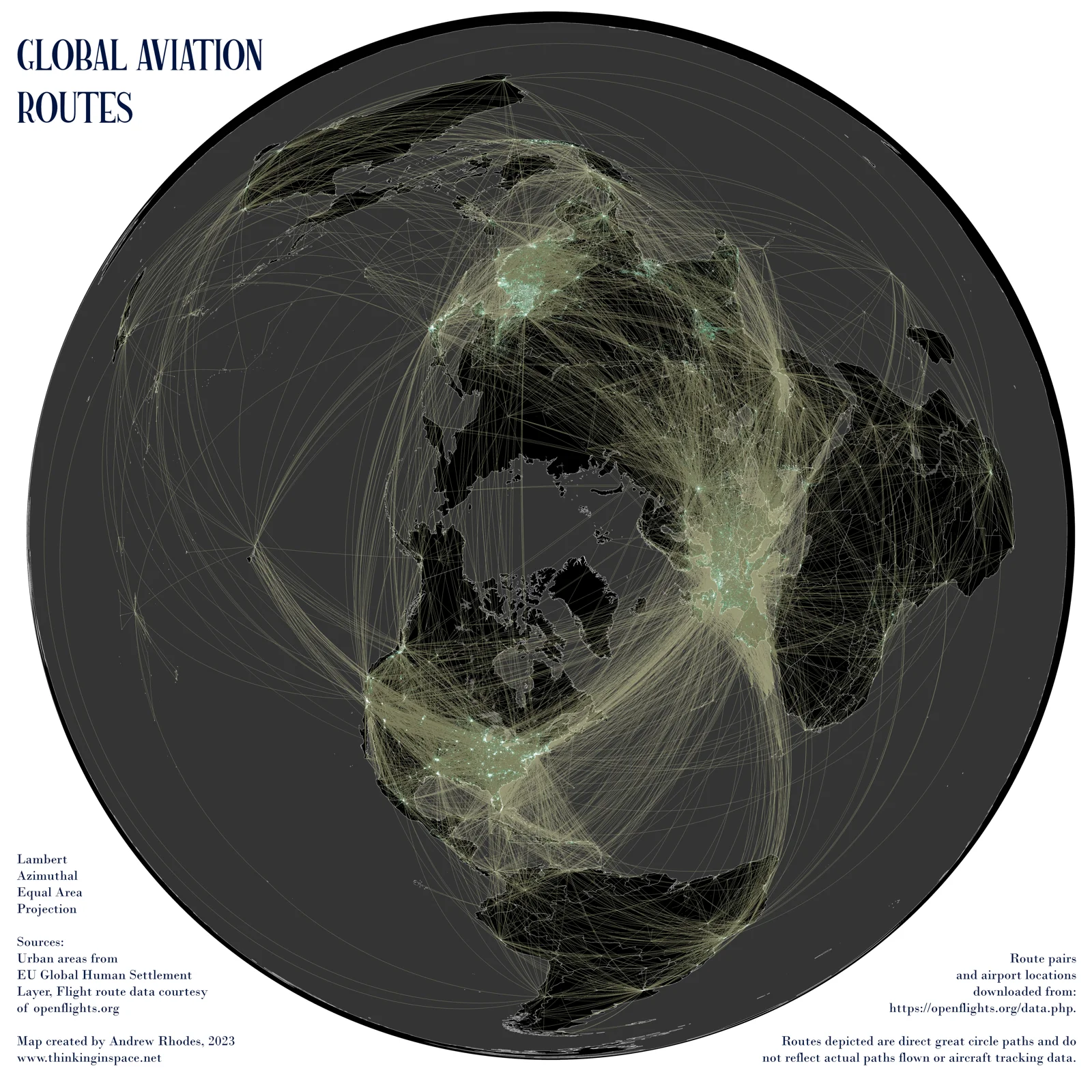 Globe covered by a network of international flight routes.
