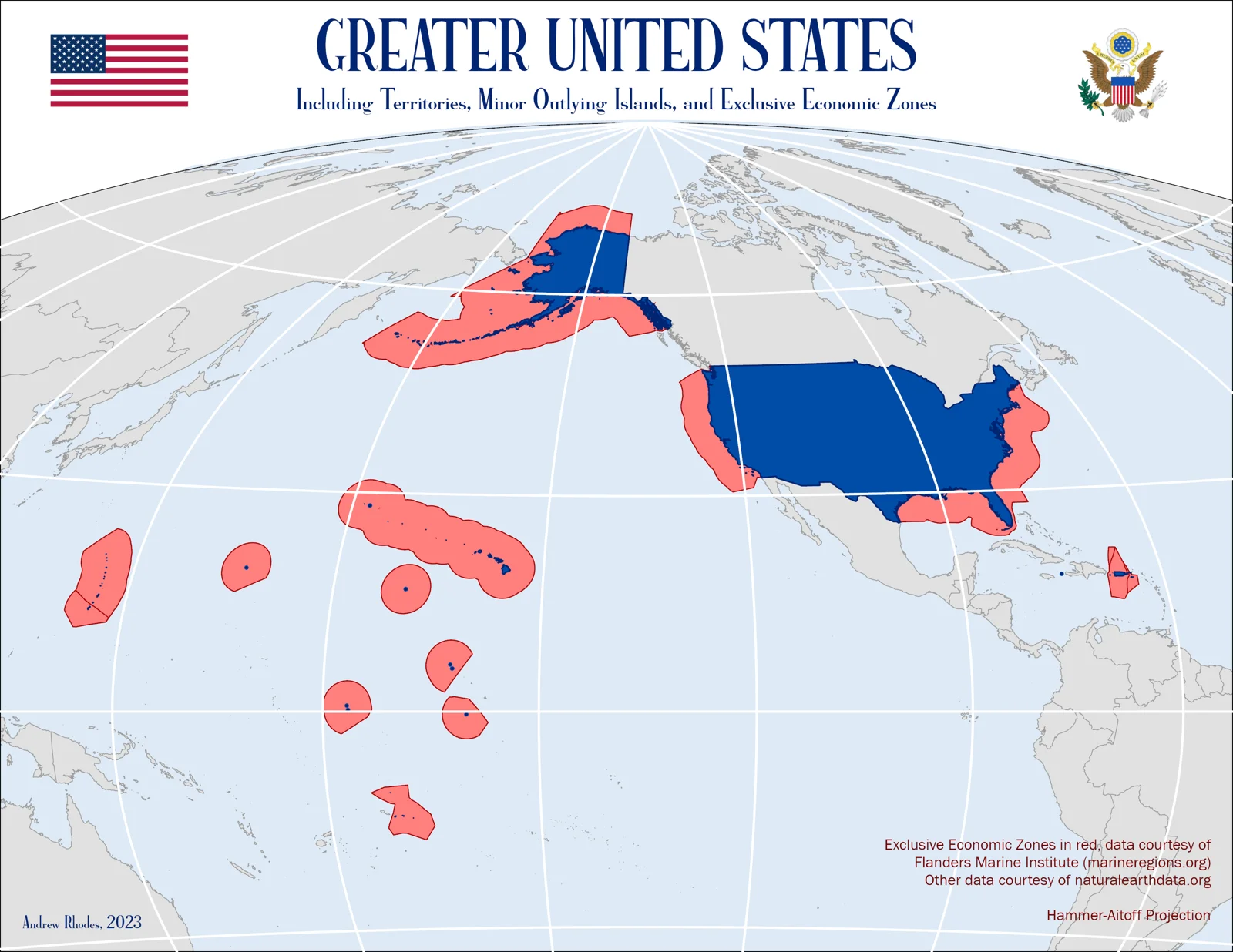 Globe map highlighting United States states, territories, and associated maritime areas.
