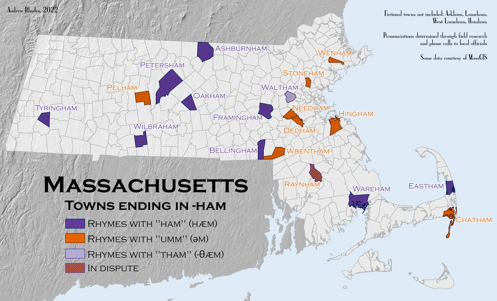 Massachusetts towns colored by the pronunciation of names ending in ham.