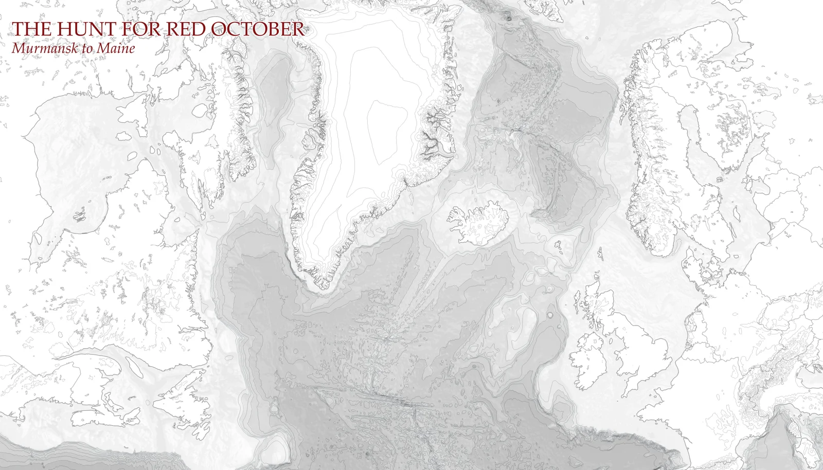 Grayscale North Atlantic map emphasizing seabed relief.