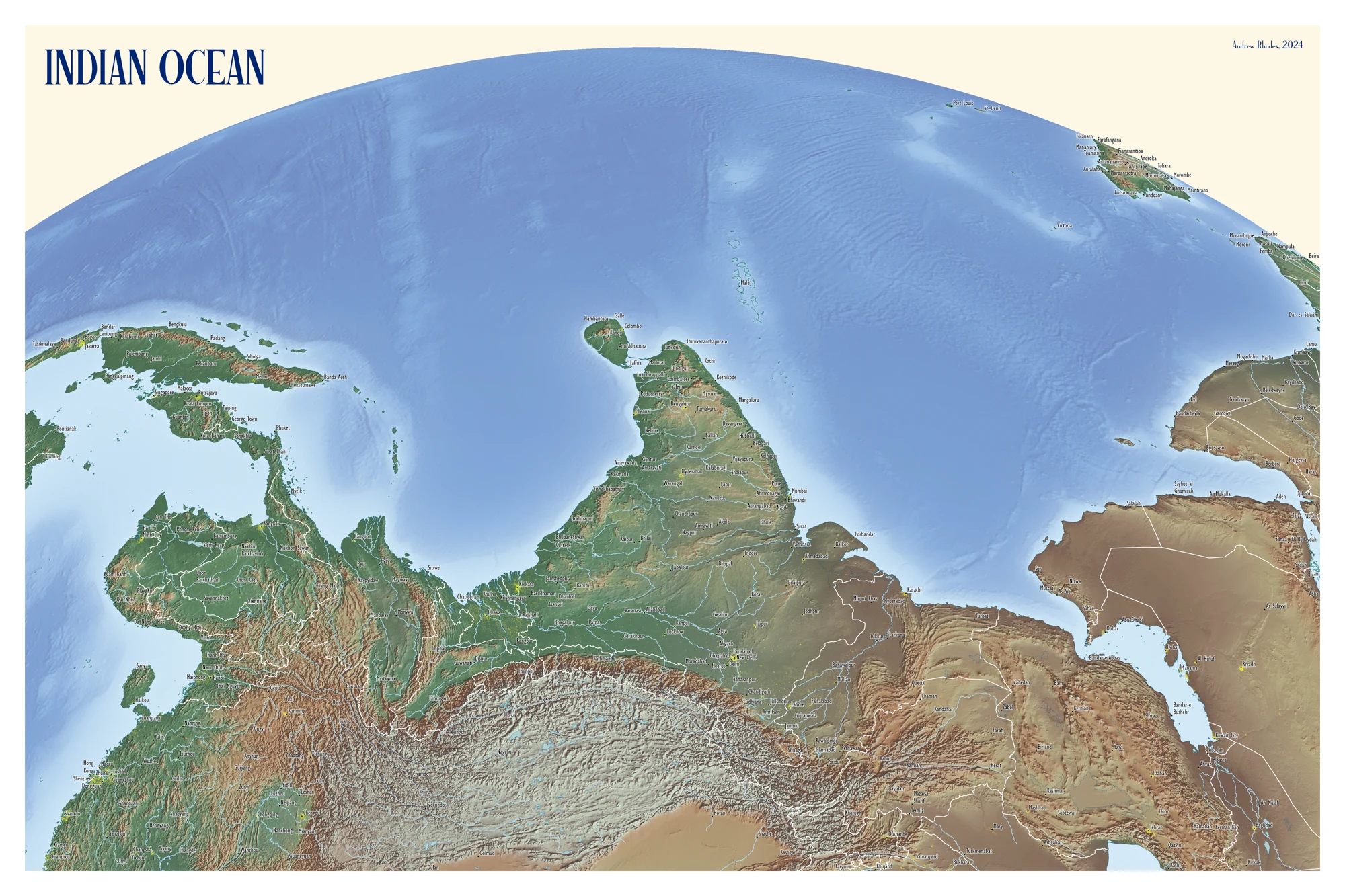 Oblique relief view from India looking south over the Indian Ocean toward eastern Africa