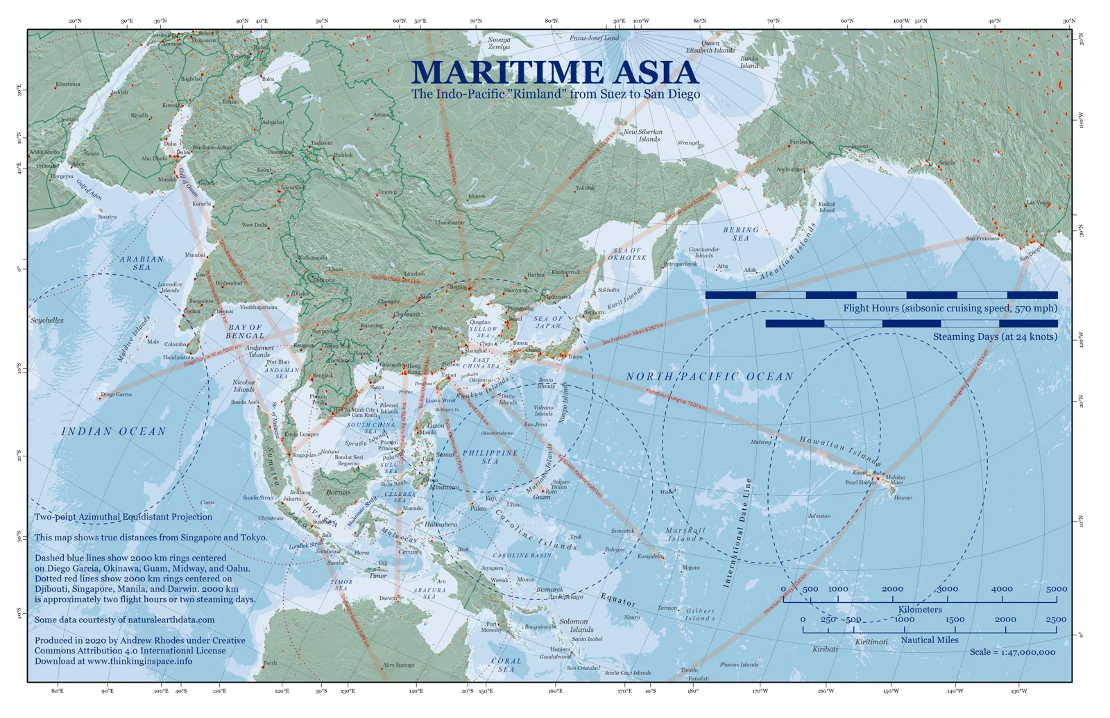 Maritime East Asia map with seabed relief and lines comparing distances across the region.