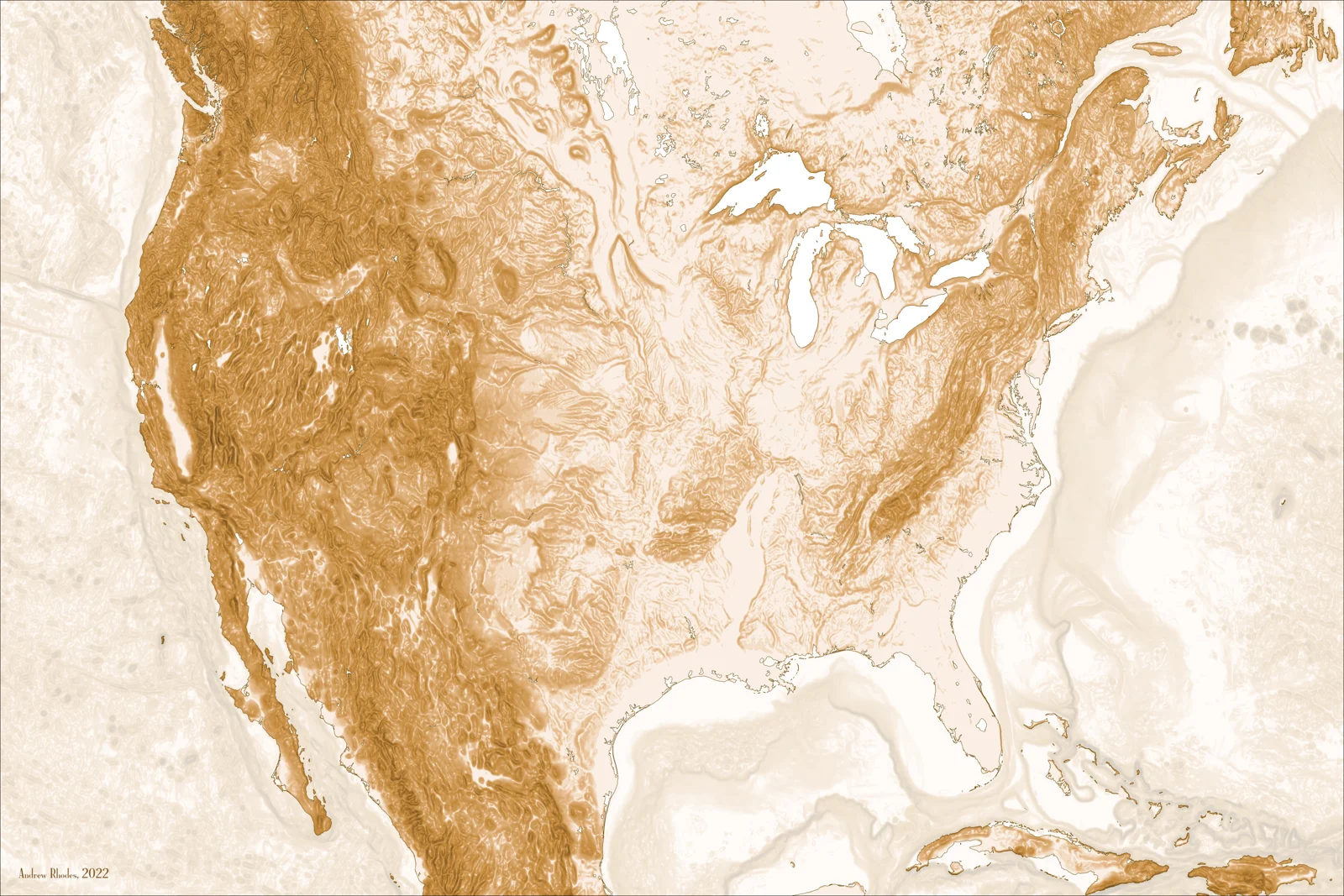 Monochrome relief map showing terrain across the continental United States