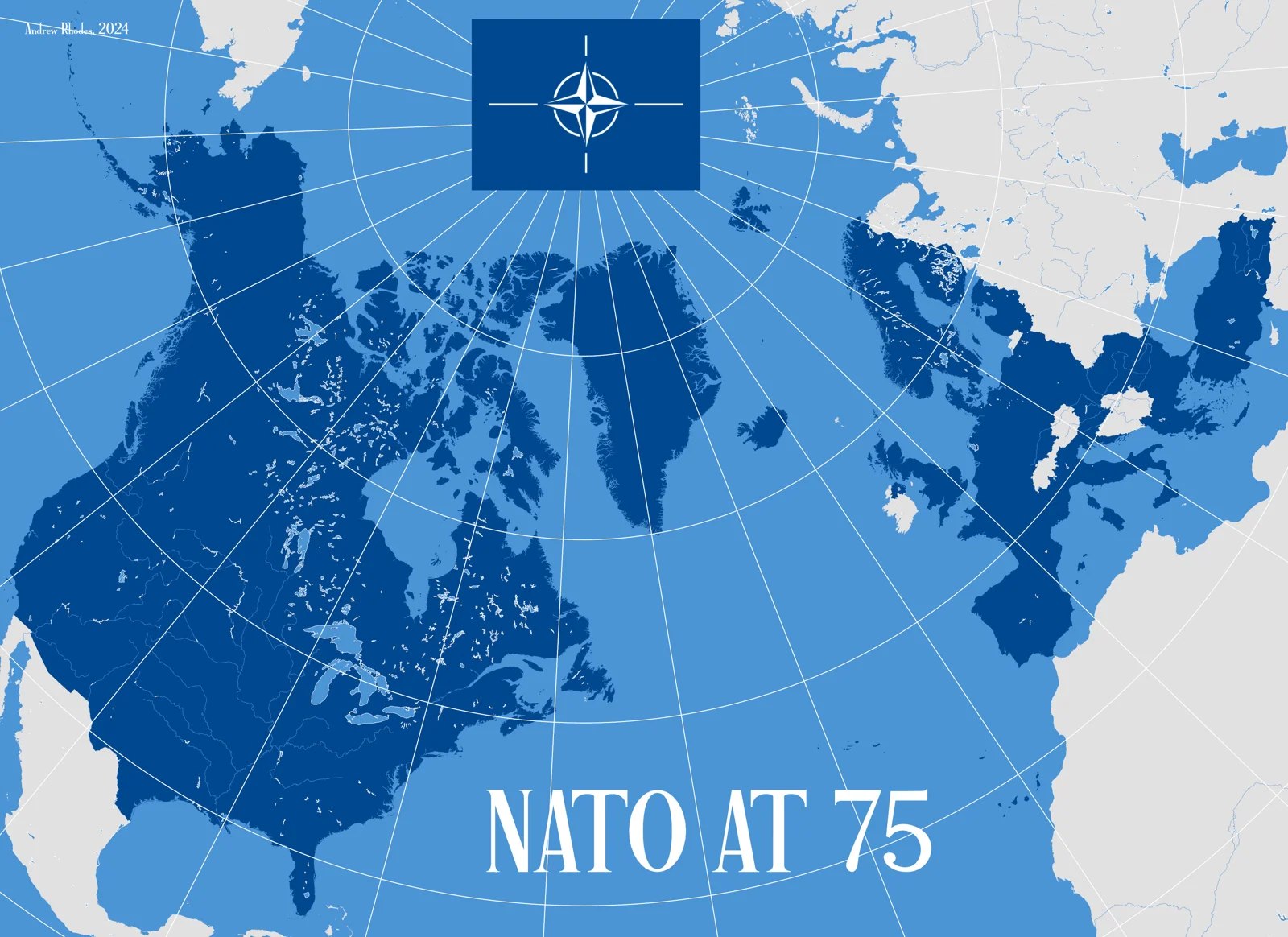 Polar-centered map highlighting NATO countries for the alliance's 75th anniversary.