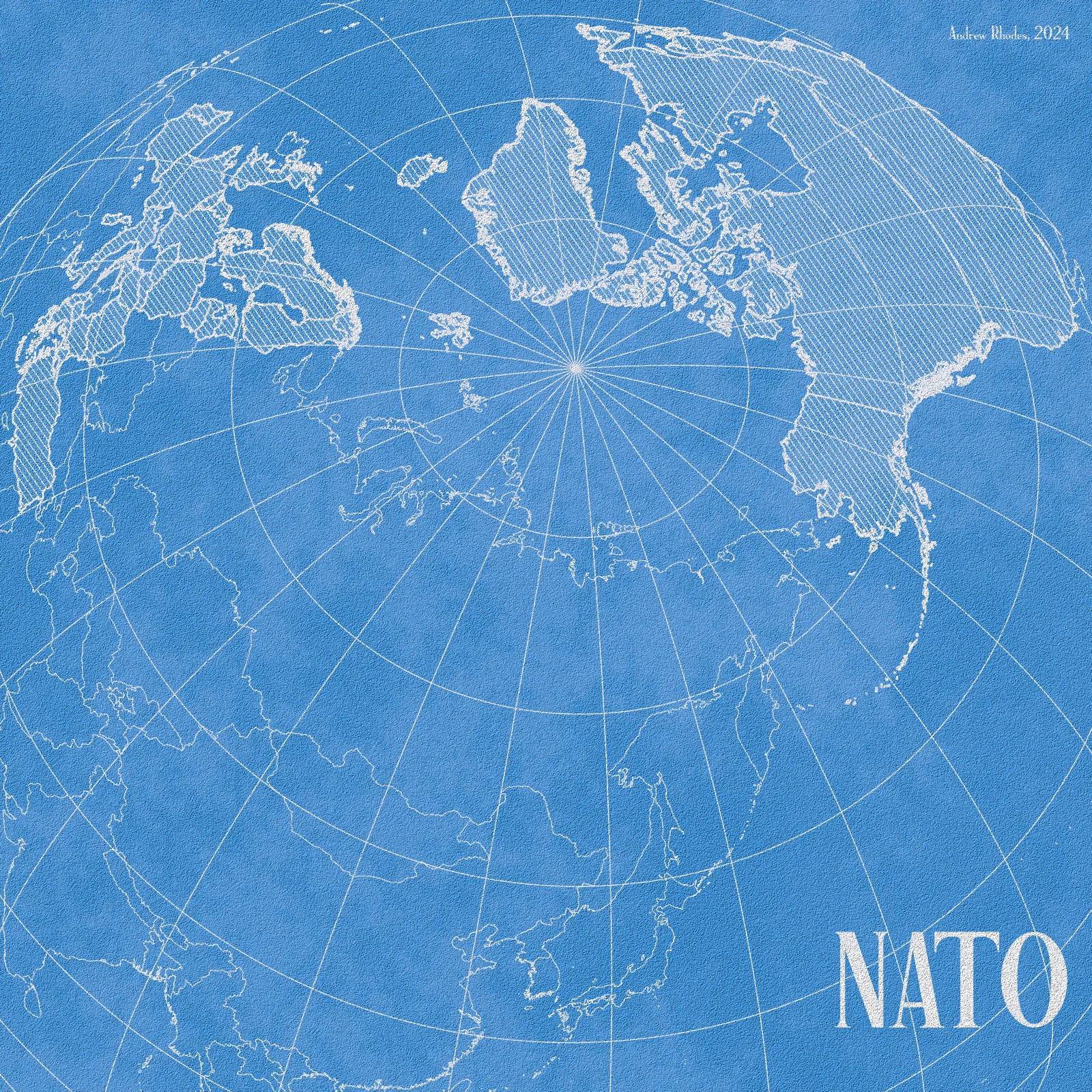 Cyanotype Arctic-centered map of NATO and Eurasia.