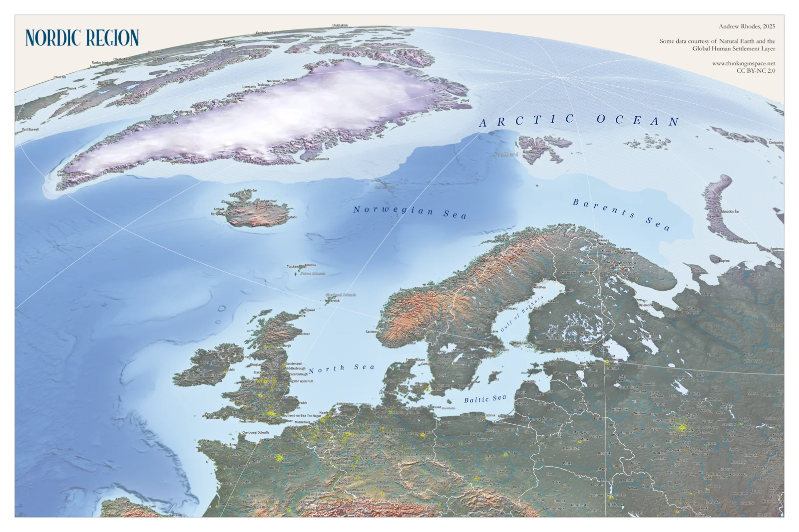 Oblique relief map of the Nordic region, including Scandinavia, Iceland, and Greenland.