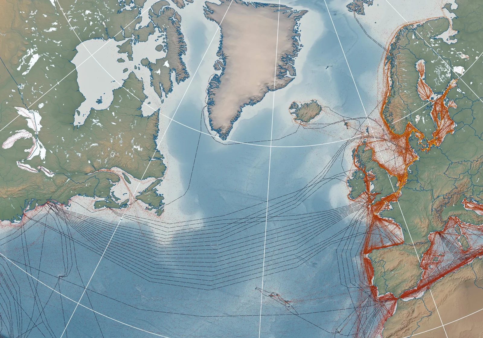 North Atlantic map combining seabed relief, shipping routes, and undersea cables.