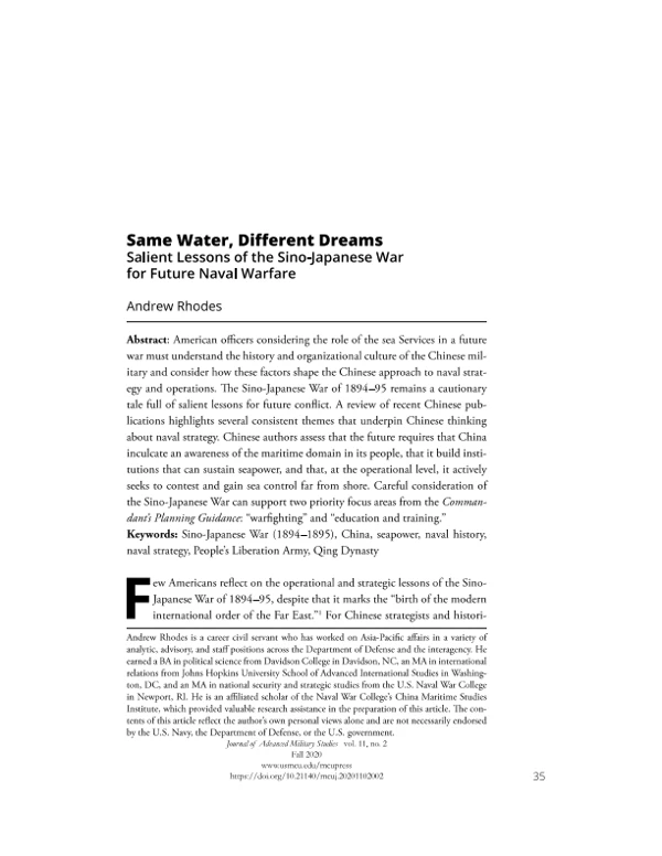 First page of Same Water, Different Dreams: Salient Lessons of the Sino-Japanese War for Future Naval Warfare,