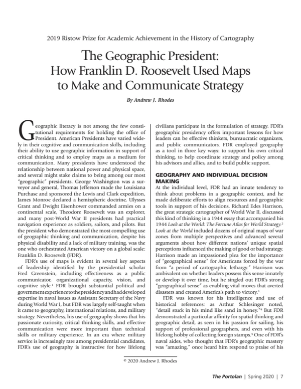 First page of The Geographical President: How Franklin D. Roosevelt Used Maps to Make and Communicate Strategy