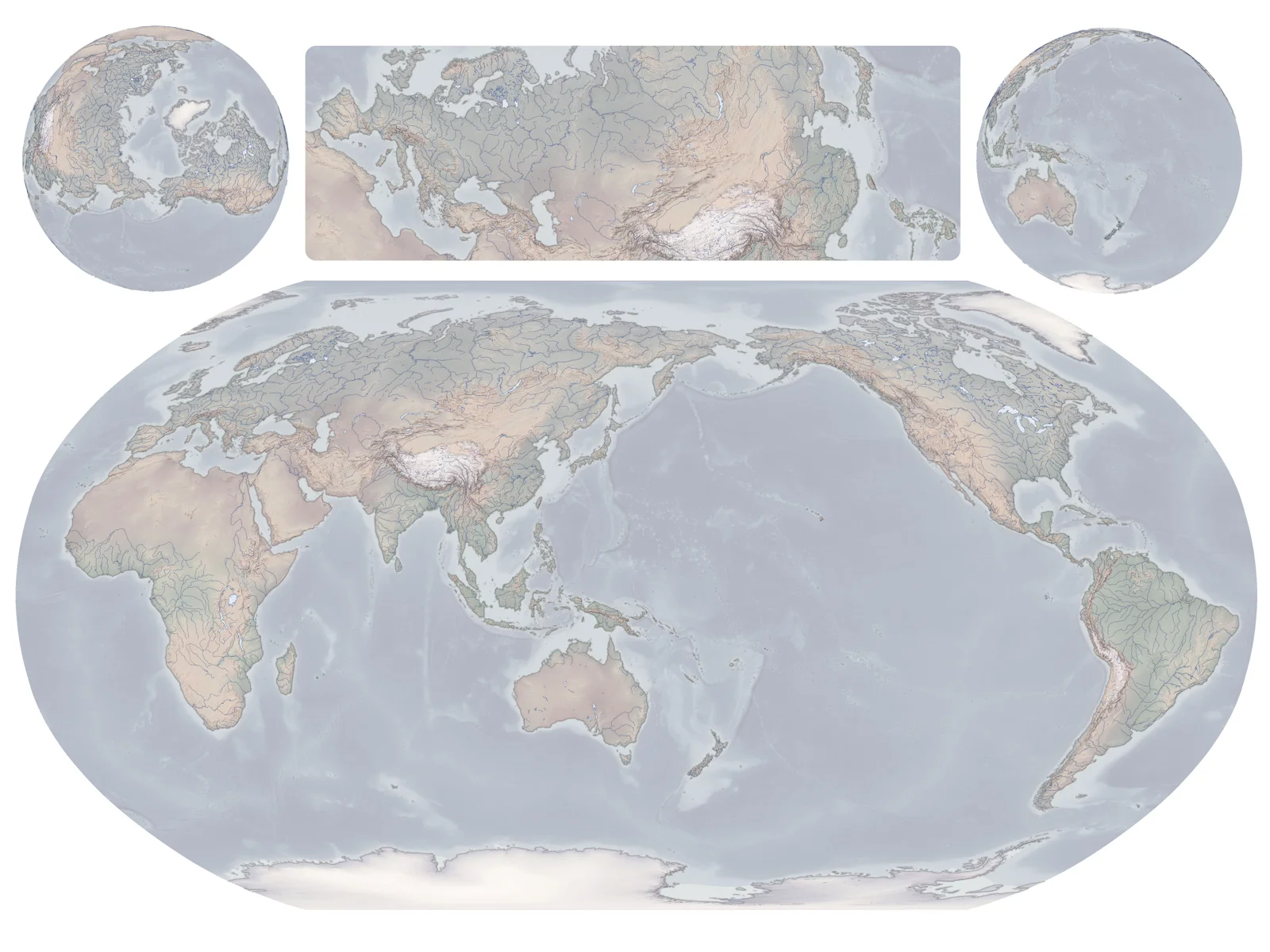 World terrain map in Robinson projection with inset globe views.