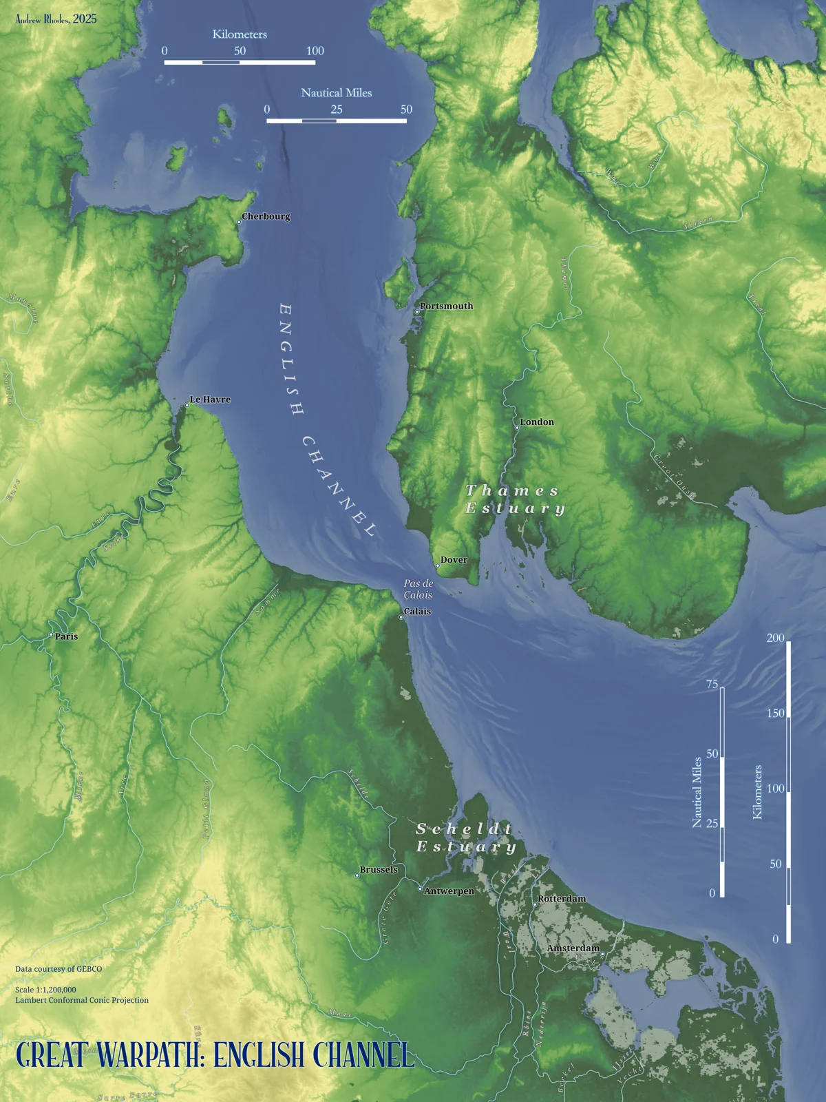 Green relief map of the Thames and Scheldt regions, showing waterways and the southern North Sea.