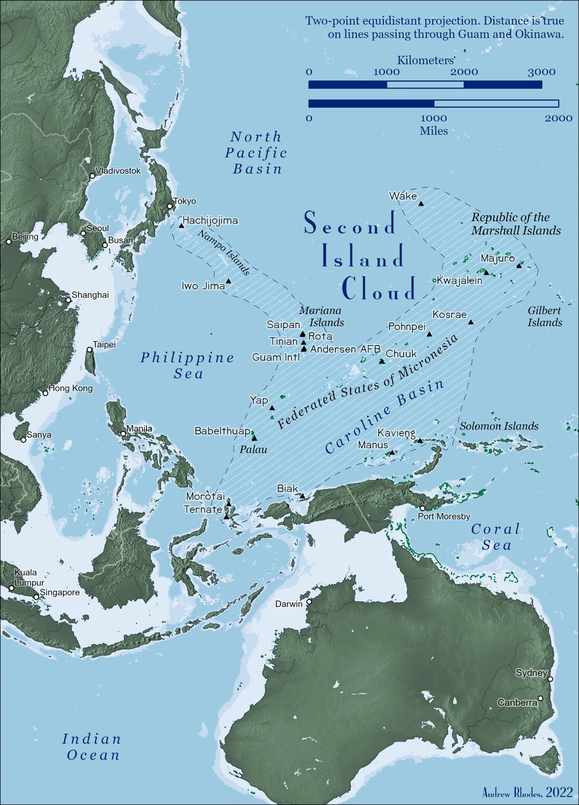 Western Pacific map of the Second Island Cloud, with island names and land and seabed relief.